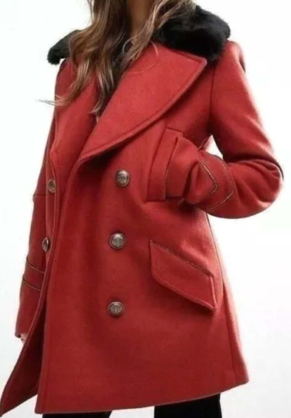 NEW FREE PEOPLE Double Breasted Wool Peacoat Sm Rust Black Faux Fur Collar Coat